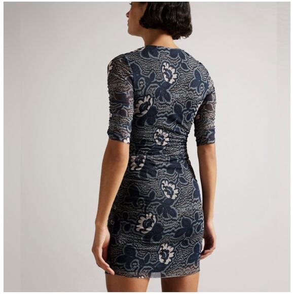 Ted Baker Velvit Blue Floral Sheer Sleeve Dress Size 1 (S/4) - Picture 2 of 7